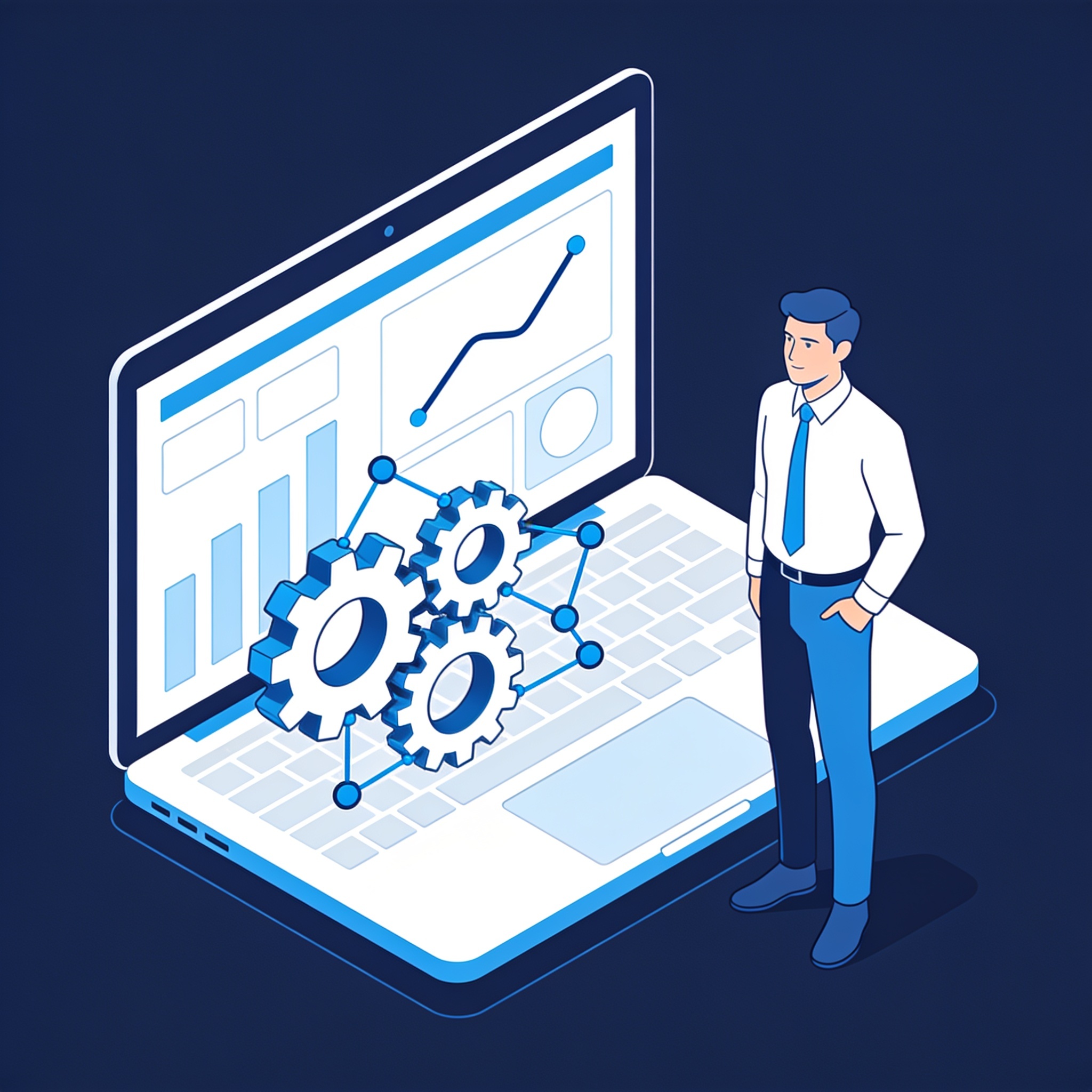 Dashboard de software a la medida con engranes que embonan — el negocio fluye